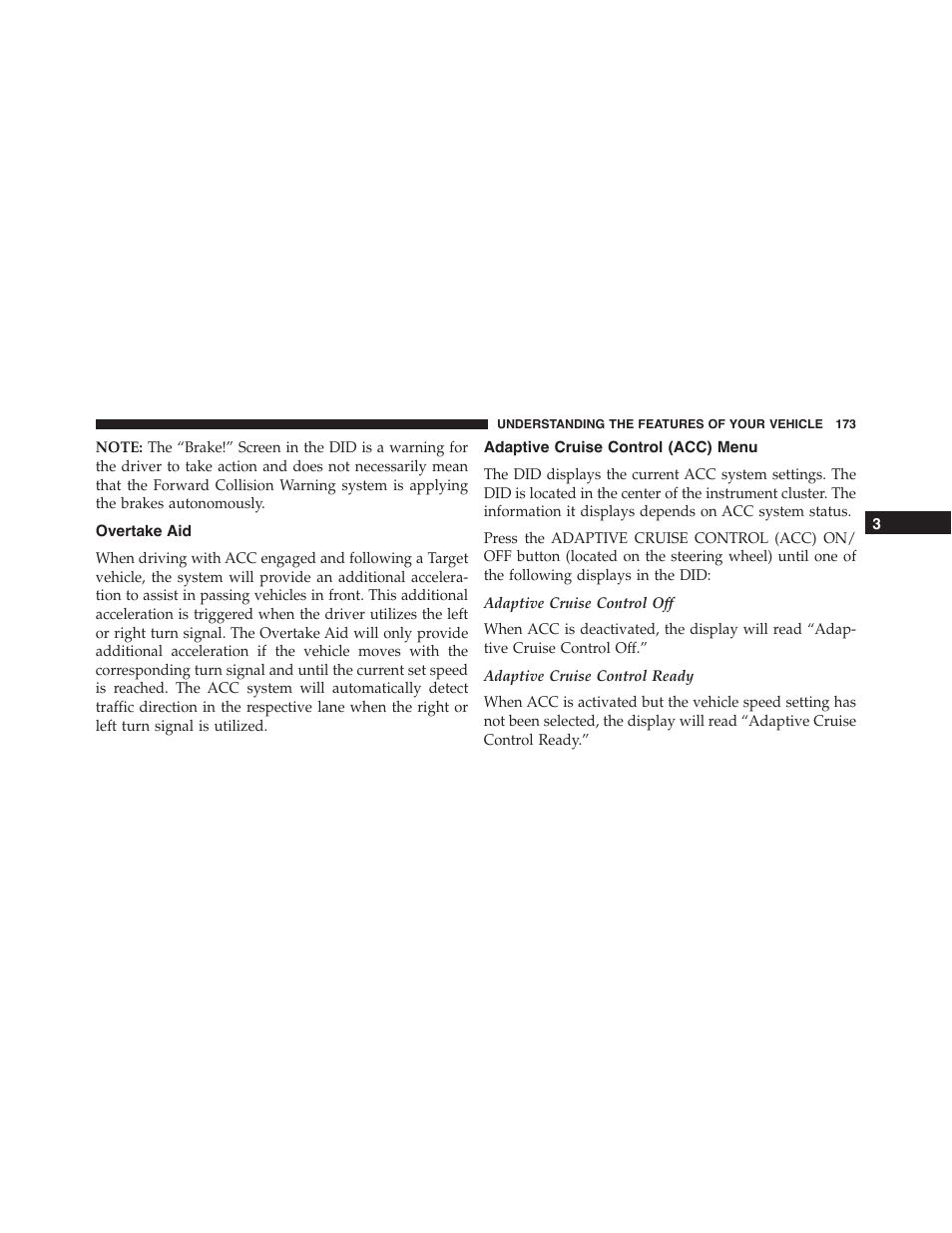 Overtake aid, Adaptive cruise control (acc) menu | Dodge 2015 Challenger - Owner Manual User Manual | Page 175 / 618
