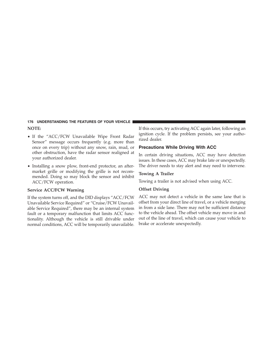 Service acc/fcw warning, Precautions while driving with acc, Towing a trailer | Offset driving | Dodge 2015 Challenger - Owner Manual User Manual | Page 178 / 618