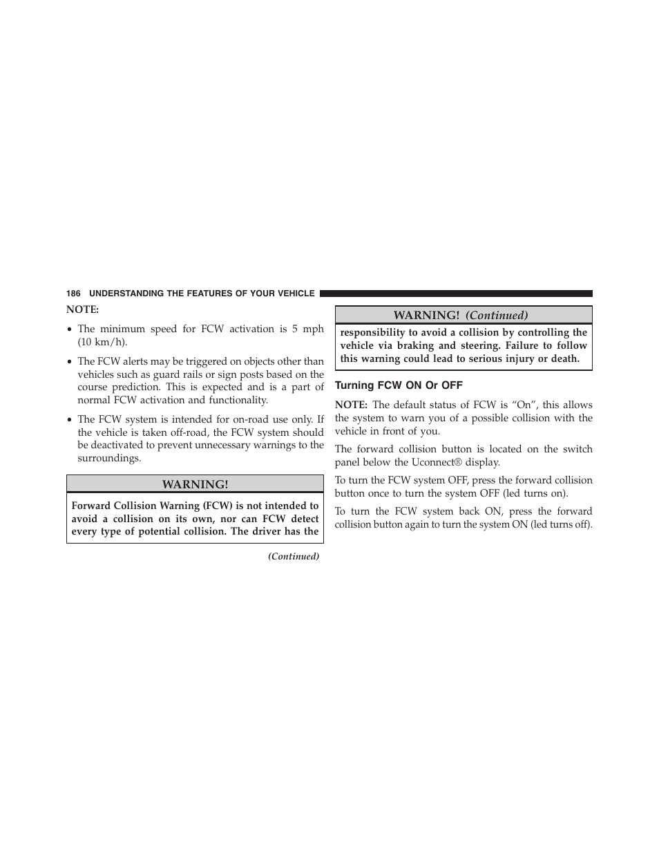 Turning fcw on or off | Dodge 2015 Challenger - Owner Manual User Manual | Page 188 / 618