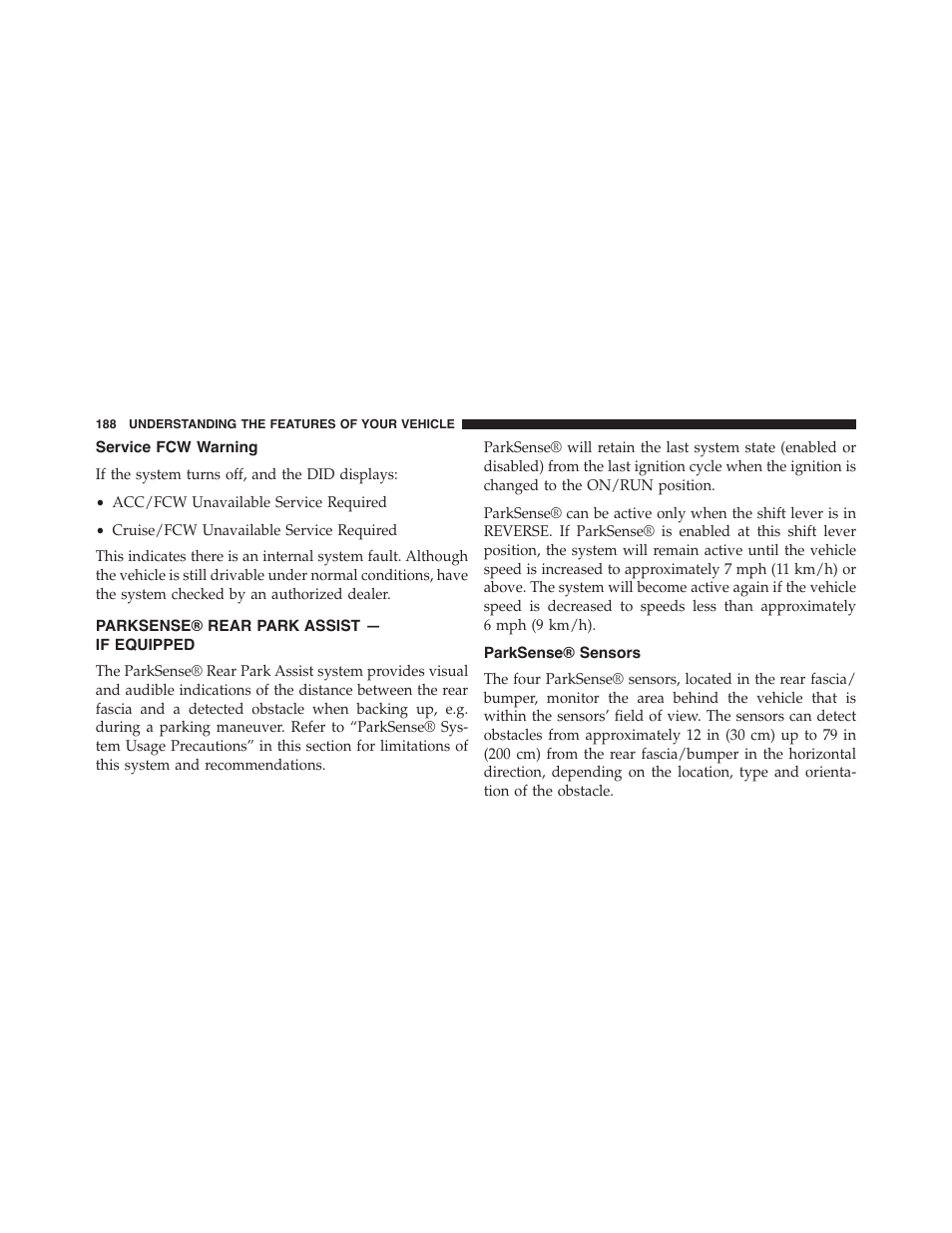 Service fcw warning, Parksense® rear park assist — if equipped, Parksense® sensors | Parksense® rear park assist, If equipped | Dodge 2015 Challenger - Owner Manual User Manual | Page 190 / 618
