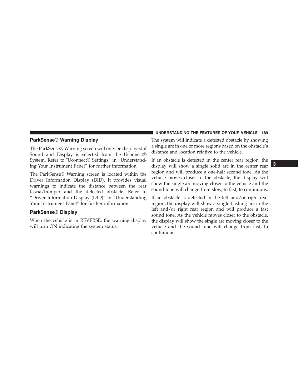 Parksense® warning display, Parksense® display | Dodge 2015 Challenger - Owner Manual User Manual | Page 191 / 618