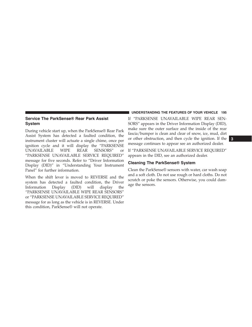 Service the parksense® rear park assist system, Cleaning the parksense® system, Service the parksense® rear park assist | System | Dodge 2015 Challenger - Owner Manual User Manual | Page 197 / 618