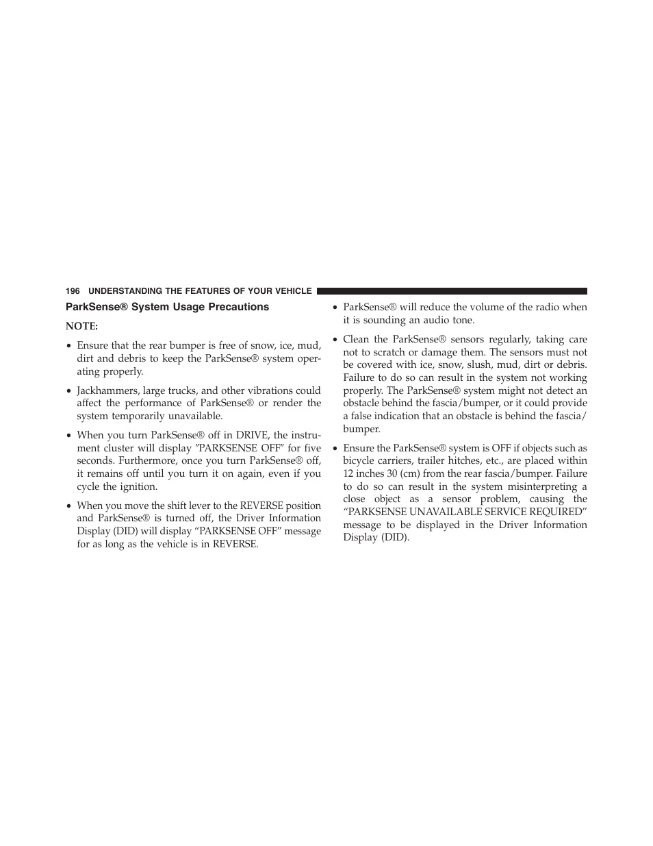 Parksense® system usage precautions | Dodge 2015 Challenger - Owner Manual User Manual | Page 198 / 618