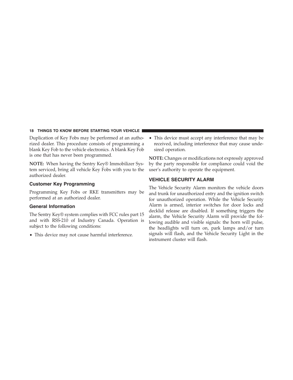 Customer key programming, General information, Vehicle security alarm | Dodge 2015 Challenger - Owner Manual User Manual | Page 20 / 618