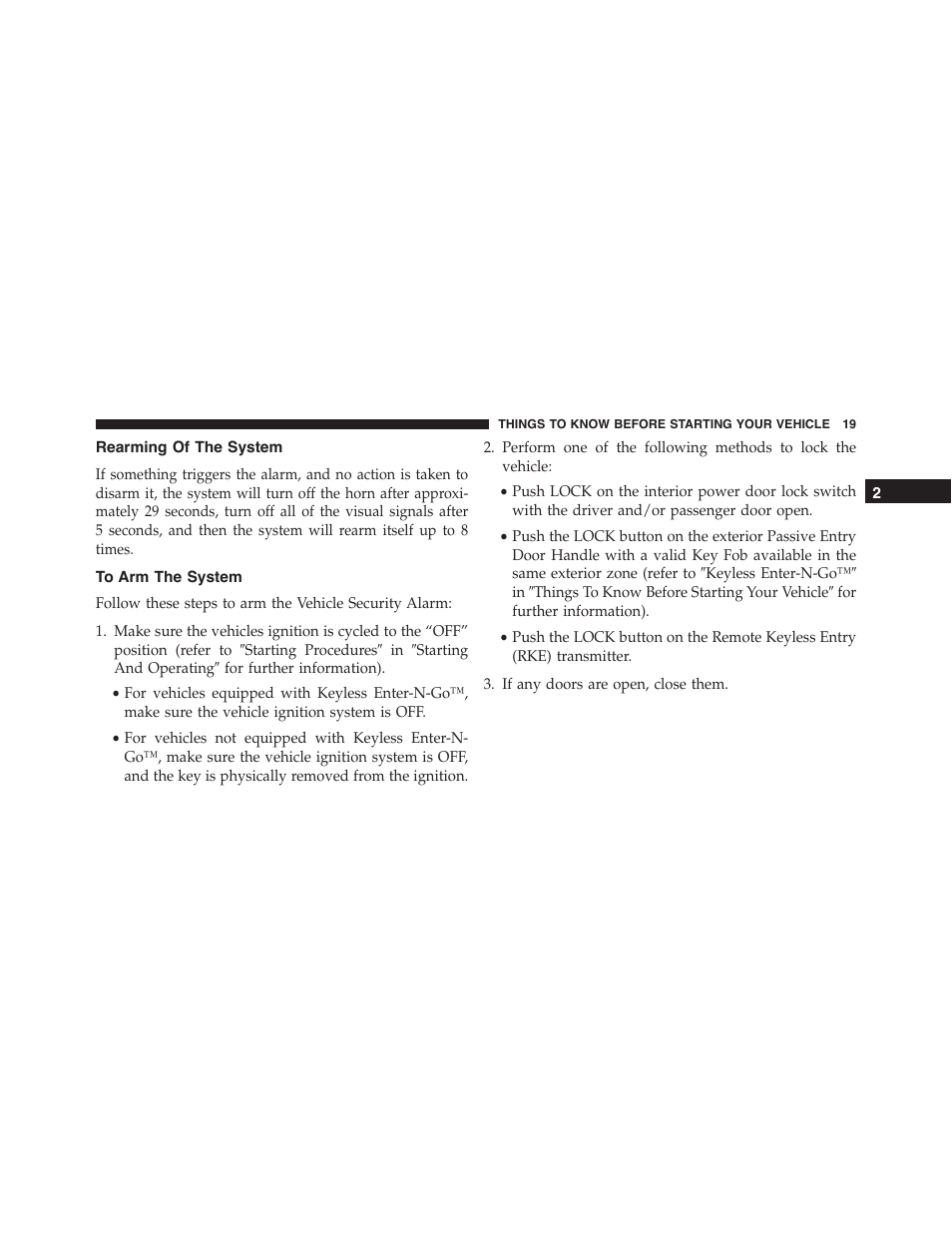 Rearming of the system, To arm the system | Dodge 2015 Challenger - Owner Manual User Manual | Page 21 / 618