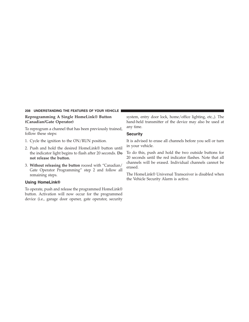 Using homelink, Security | Dodge 2015 Challenger - Owner Manual User Manual | Page 210 / 618