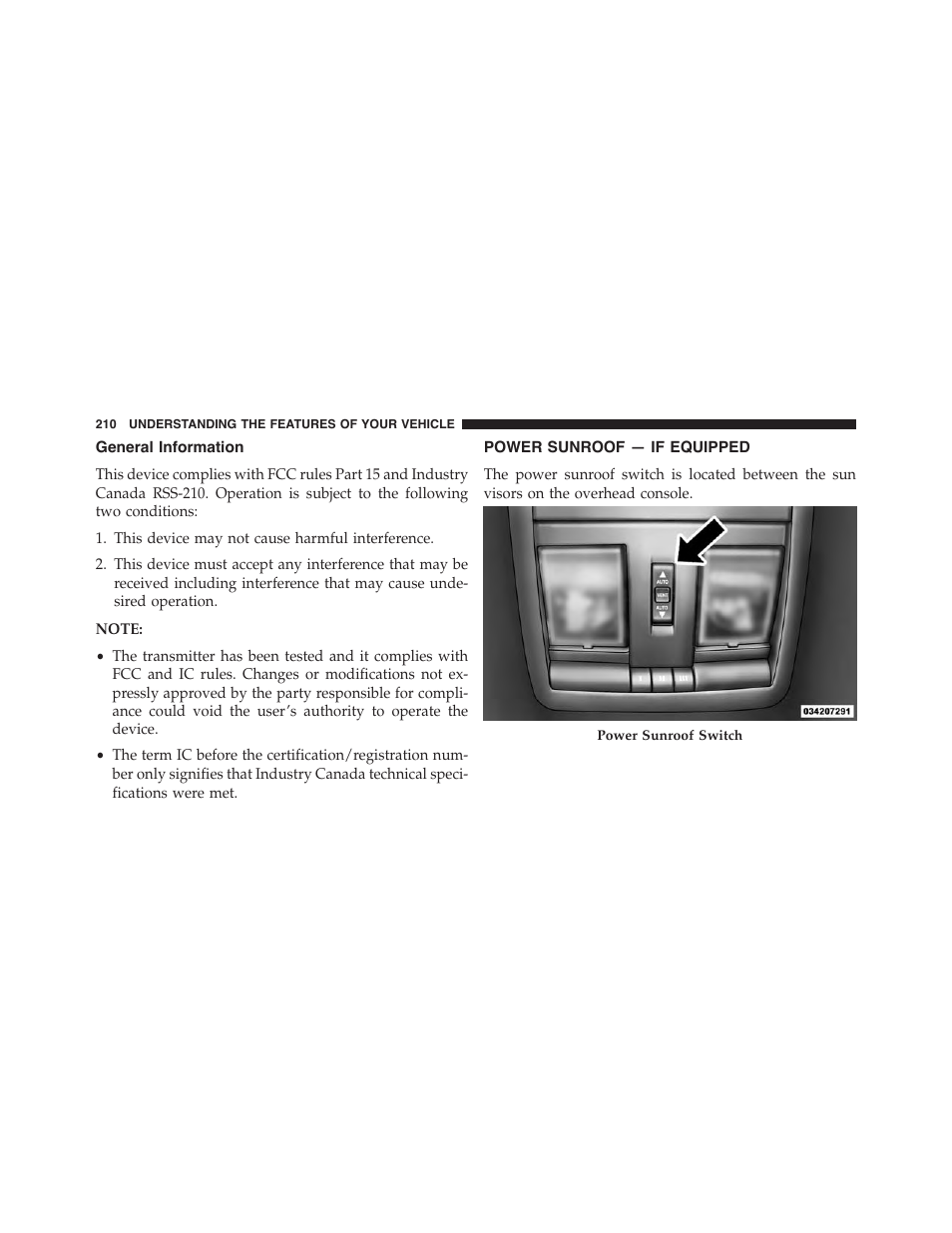 General information, Power sunroof — if equipped | Dodge 2015 Challenger - Owner Manual User Manual | Page 212 / 618