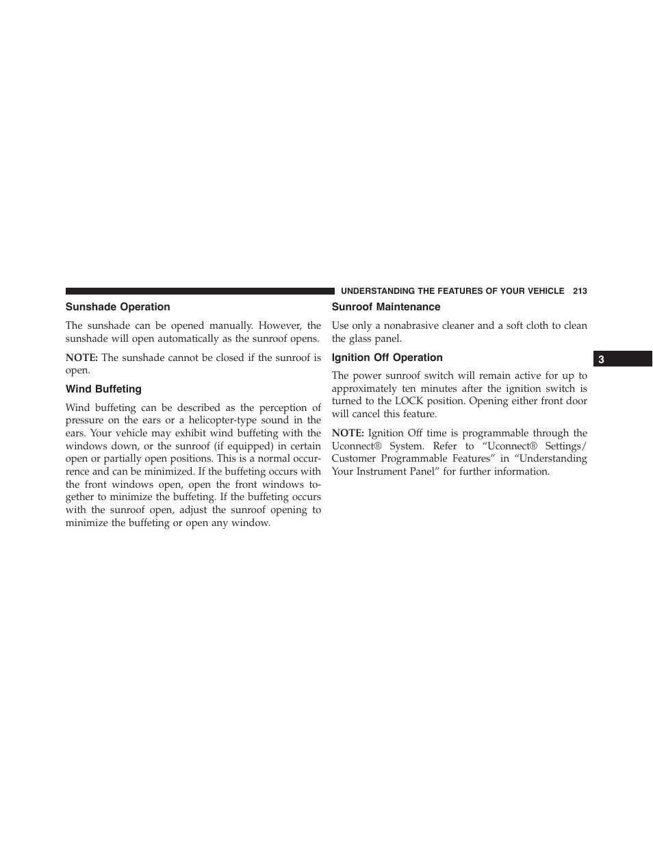 Sunshade operation, Wind buffeting, Sunroof maintenance | Ignition off operation | Dodge 2015 Challenger - Owner Manual User Manual | Page 215 / 618