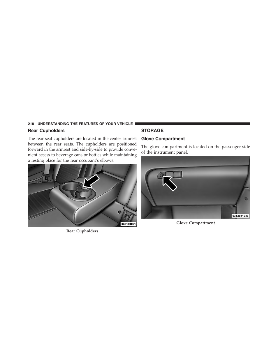 Rear cupholders, Storage, Glove compartment | Dodge 2015 Challenger - Owner Manual User Manual | Page 220 / 618