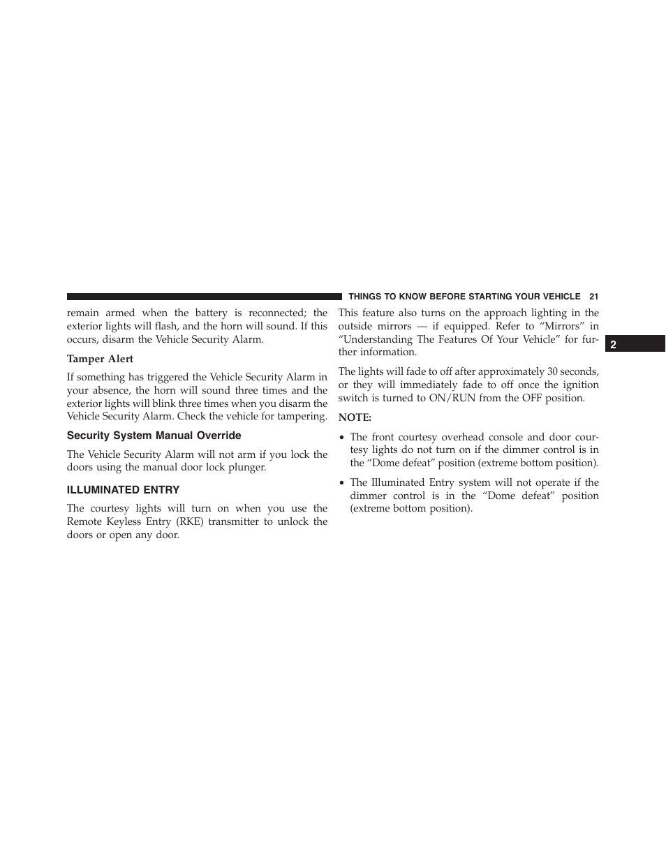 Tamper alert, Security system manual override, Illuminated entry | Dodge 2015 Challenger - Owner Manual User Manual | Page 23 / 618