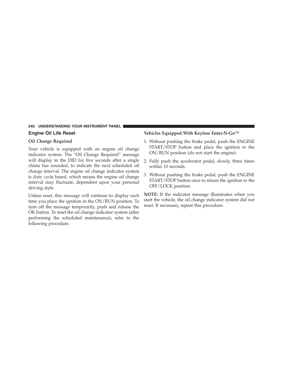 Engine oil life reset | Dodge 2015 Challenger - Owner Manual User Manual | Page 242 / 618