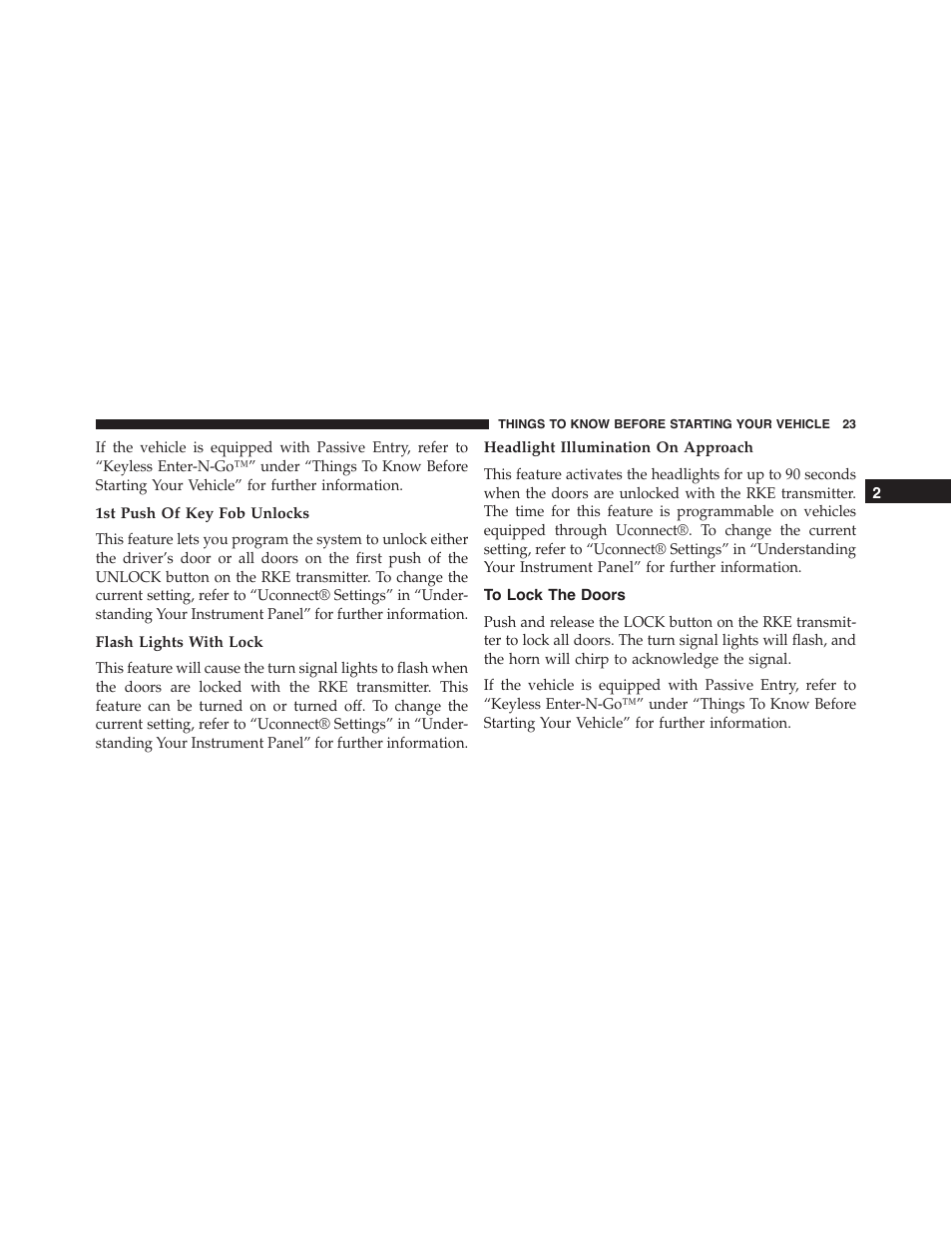 1st push of key fob unlocks, Flash lights with lock, Headlight illumination on approach | To lock the doors | Dodge 2015 Challenger - Owner Manual User Manual | Page 25 / 618