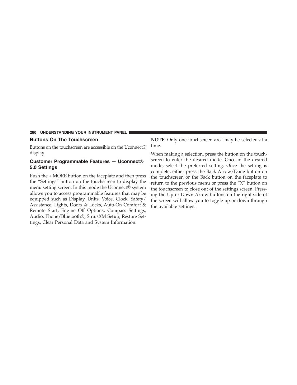 Buttons on the touchscreen, Customer programmable features, Uconnect® 5.0 settings | Dodge 2015 Challenger - Owner Manual User Manual | Page 262 / 618
