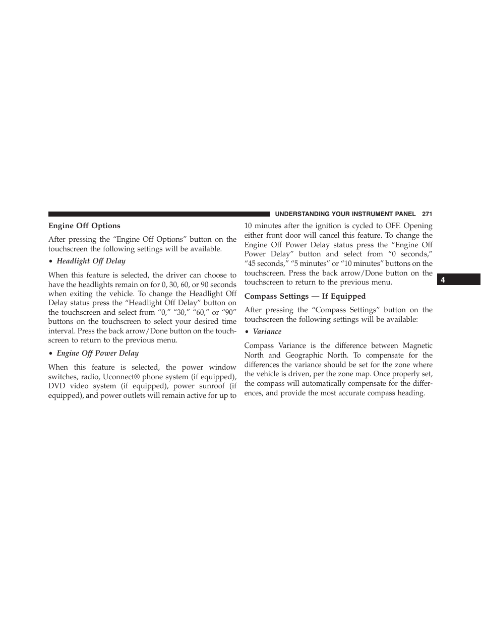 Engine off options, Compass settings — if equipped | Dodge 2015 Challenger - Owner Manual User Manual | Page 273 / 618