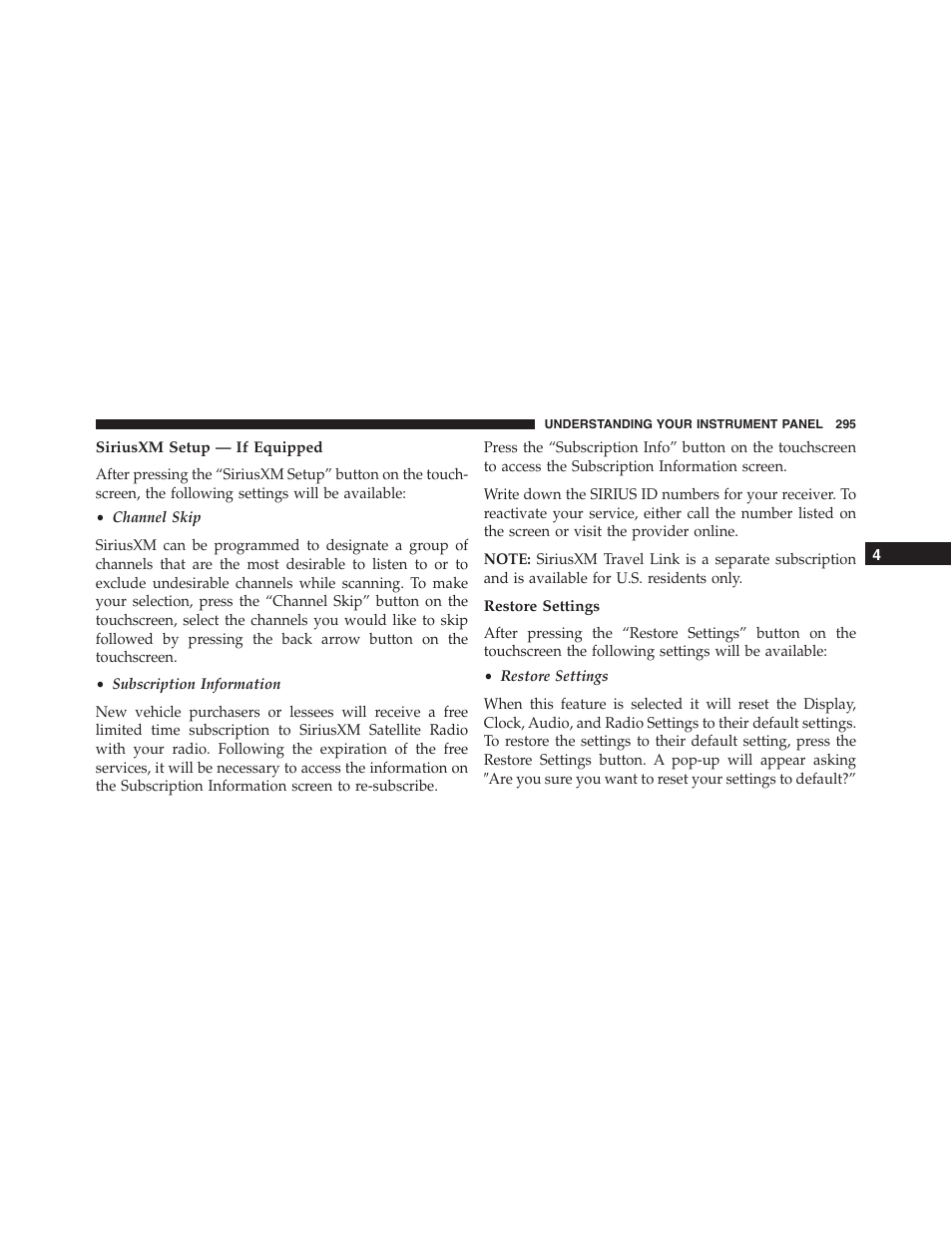 Siriusxm setup — if equipped, Restore settings | Dodge 2015 Challenger - Owner Manual User Manual | Page 297 / 618