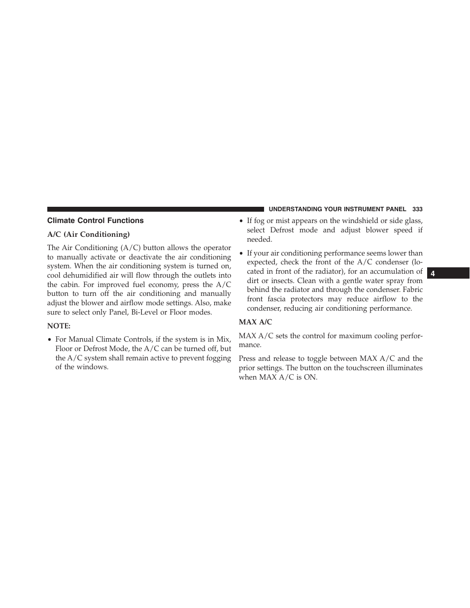 Climate control functions, A/c (air conditioning) | Dodge 2015 Challenger - Owner Manual User Manual | Page 335 / 618