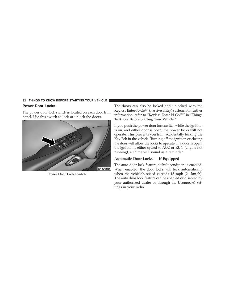 Power door locks, Automatic door locks — if equipped | Dodge 2015 Challenger - Owner Manual User Manual | Page 34 / 618