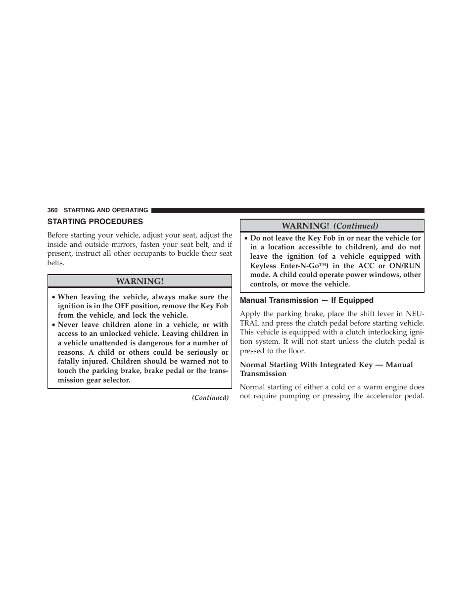 Starting procedures, Manual transmission — if equipped | Dodge 2015 Challenger - Owner Manual User Manual | Page 362 / 618