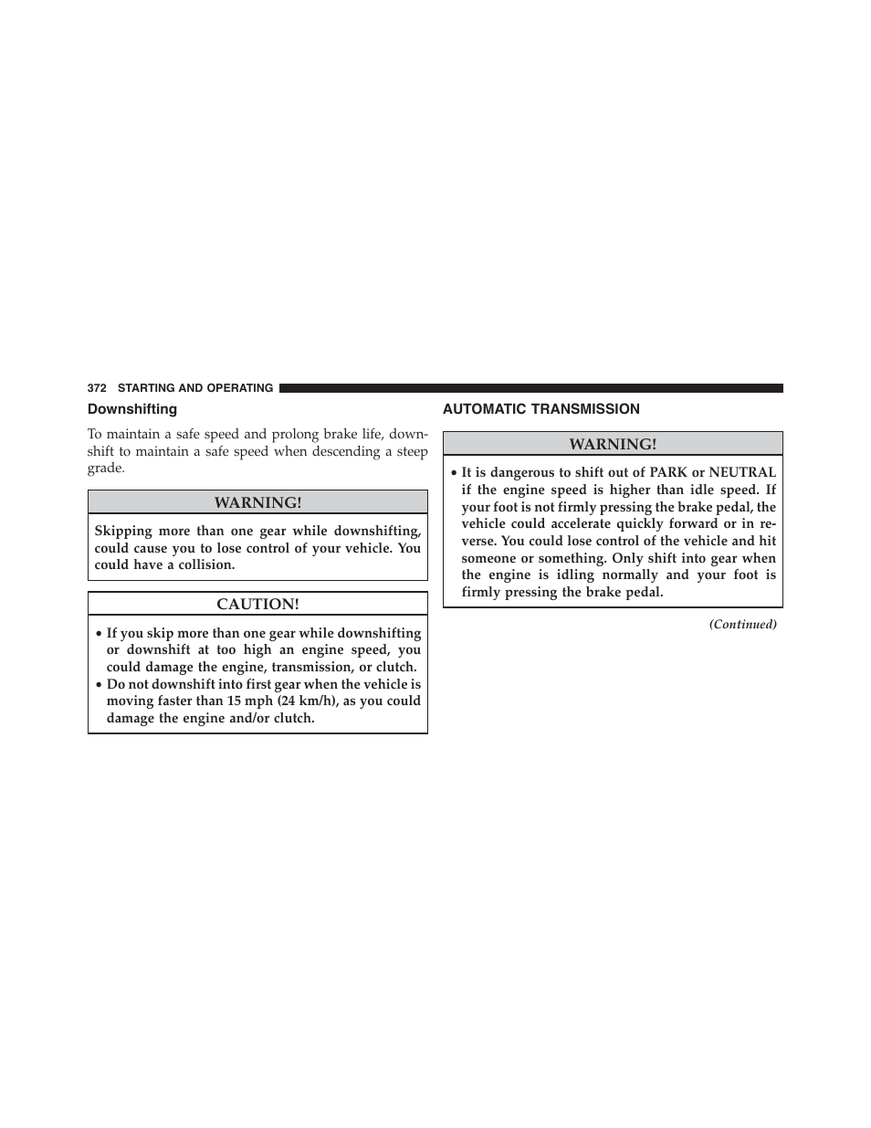 Downshifting, Automatic transmission | Dodge 2015 Challenger - Owner Manual User Manual | Page 374 / 618