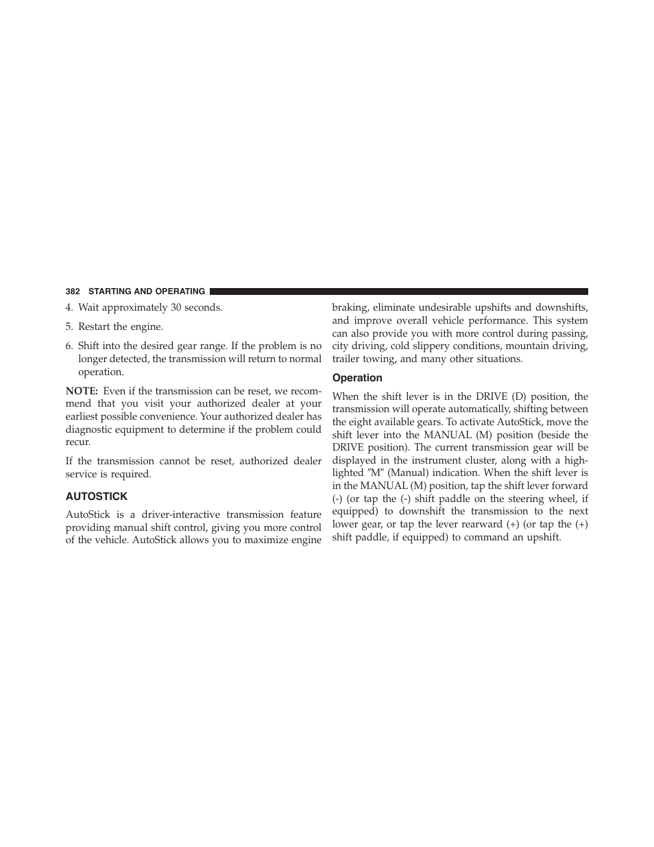 Autostick, Operation | Dodge 2015 Challenger - Owner Manual User Manual | Page 384 / 618