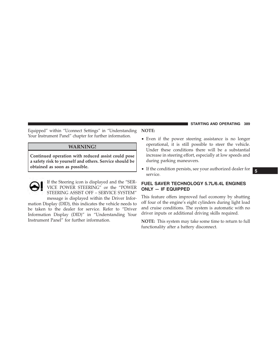Fuel saver technology 5.7l/6.4l engines, Only — if equipped | Dodge 2015 Challenger - Owner Manual User Manual | Page 391 / 618
