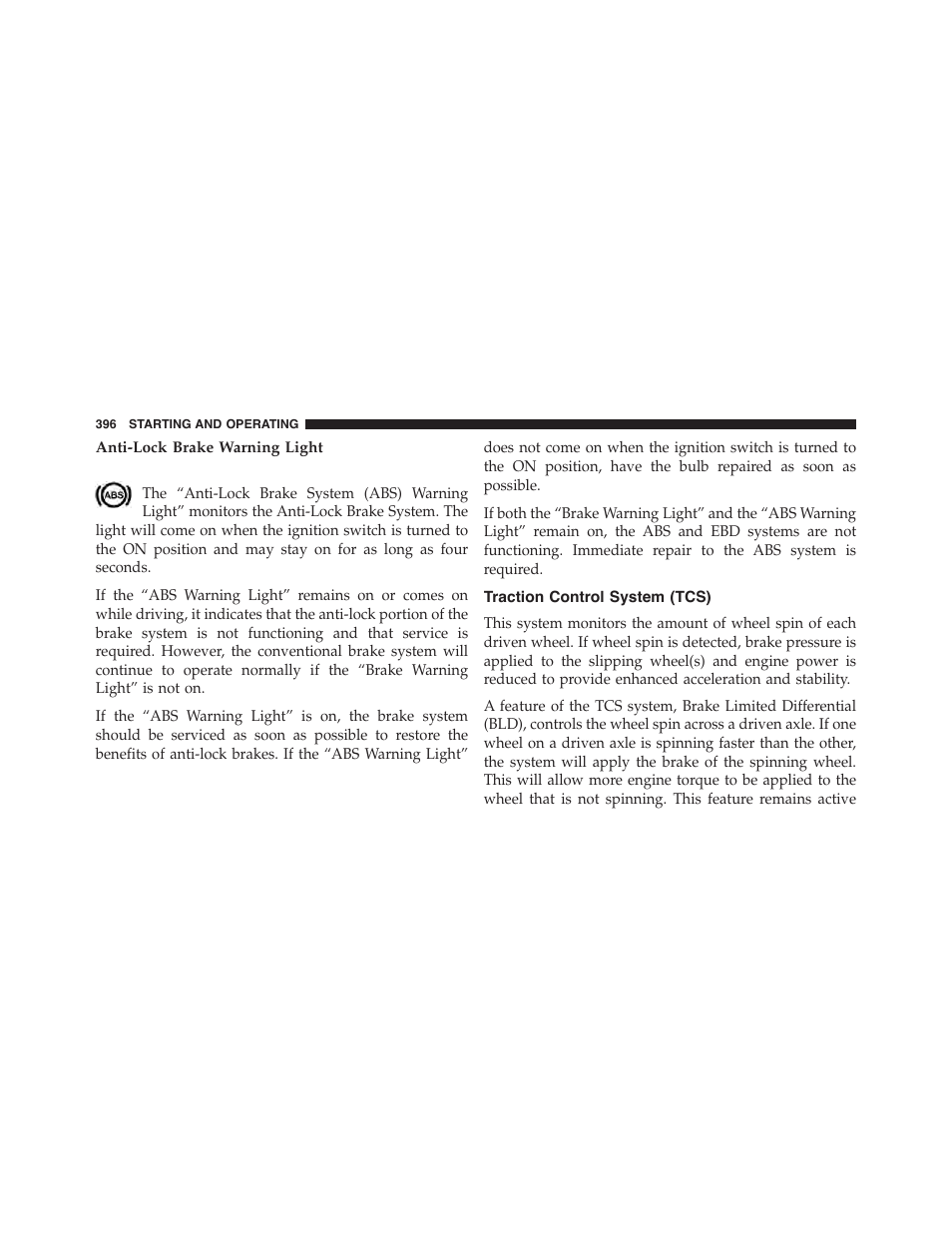 Anti-lock brake warning light, Traction control system (tcs) | Dodge 2015 Challenger - Owner Manual User Manual | Page 398 / 618