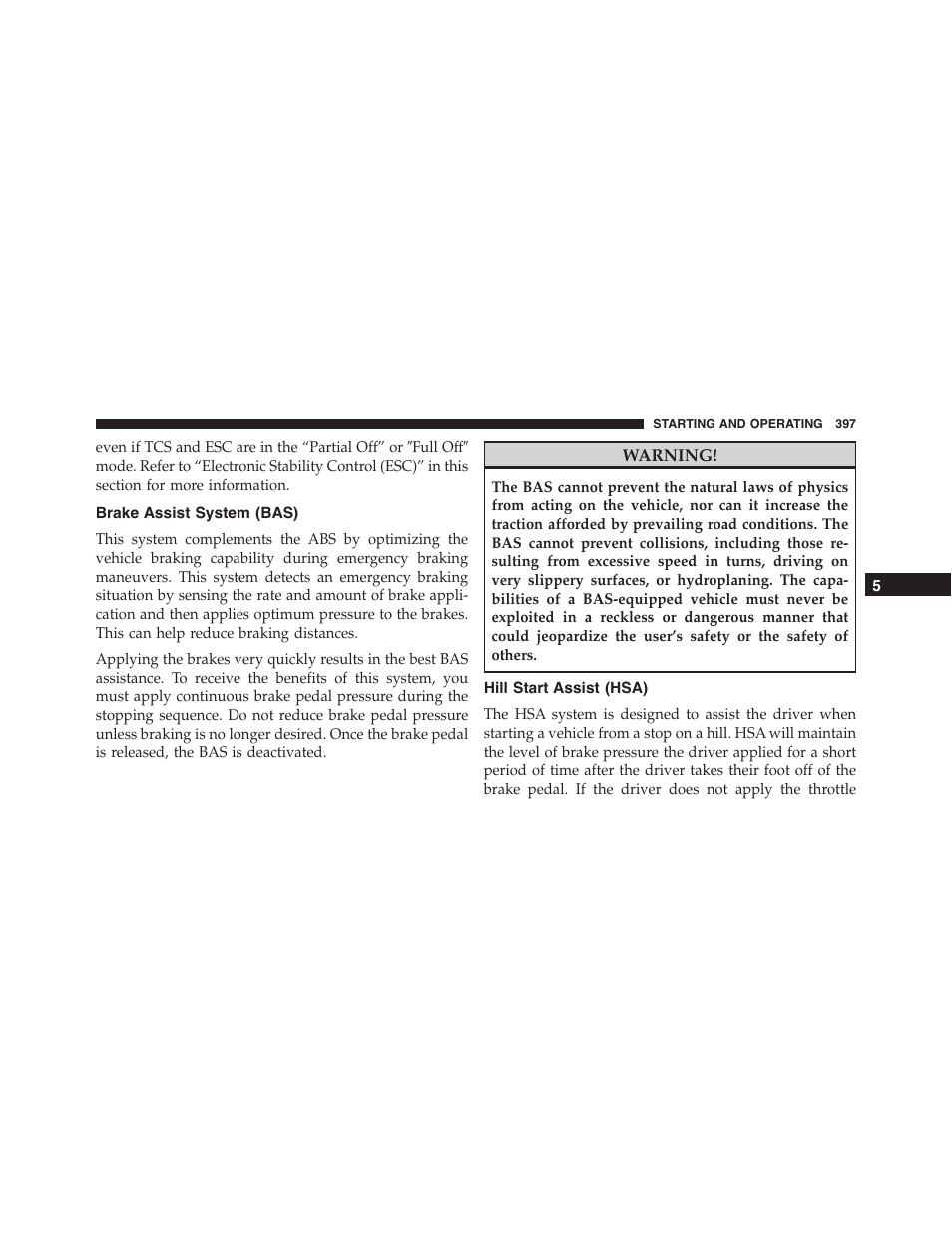 Brake assist system (bas), Hill start assist (hsa) | Dodge 2015 Challenger - Owner Manual User Manual | Page 399 / 618