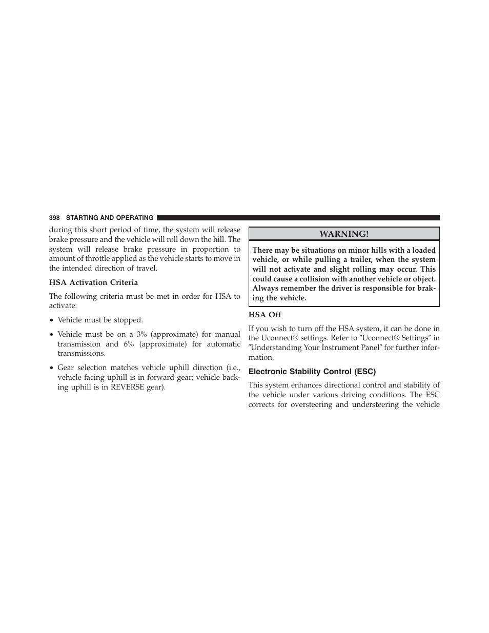 Hsa activation criteria, Hsa off, Electronic stability control (esc) | Dodge 2015 Challenger - Owner Manual User Manual | Page 400 / 618