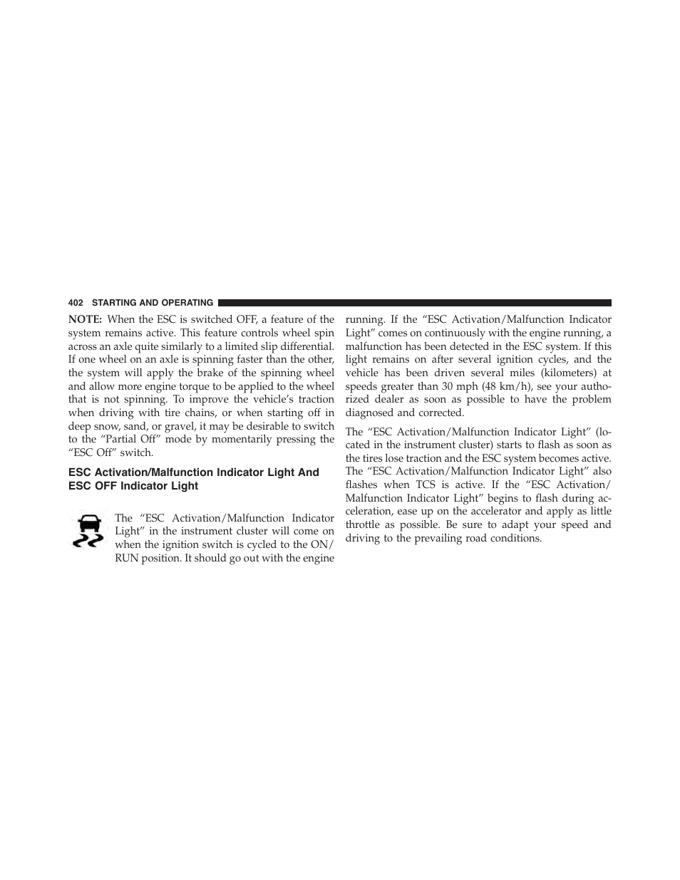 Esc activation/malfunction indicator light and, Esc off indicator light | Dodge 2015 Challenger - Owner Manual User Manual | Page 404 / 618