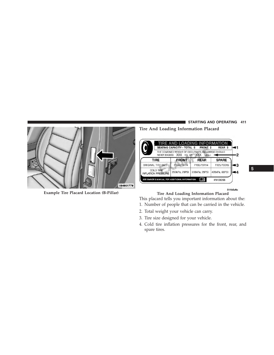 Tire and loading information placard | Dodge 2015 Challenger - Owner Manual User Manual | Page 413 / 618