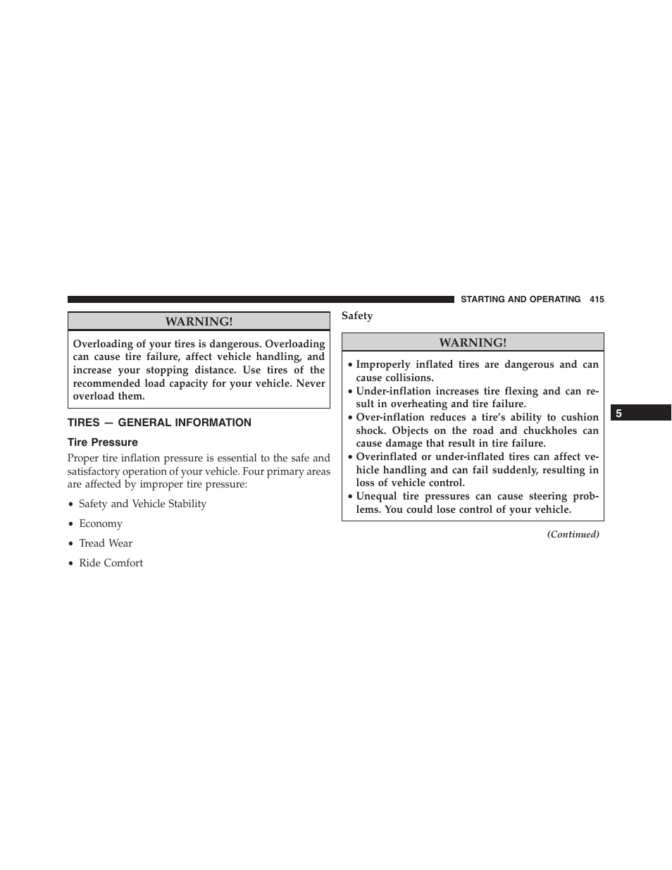 Tires — general information, Tire pressure, Safety | Dodge 2015 Challenger - Owner Manual User Manual | Page 417 / 618
