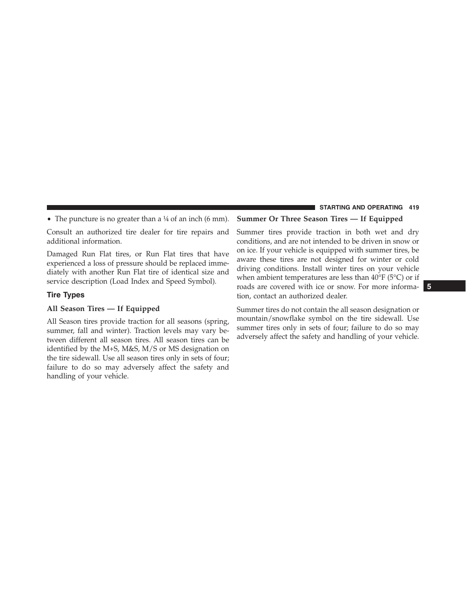 Tire types, All season tires — if equipped, Summer or three season tires — if equipped | Dodge 2015 Challenger - Owner Manual User Manual | Page 421 / 618