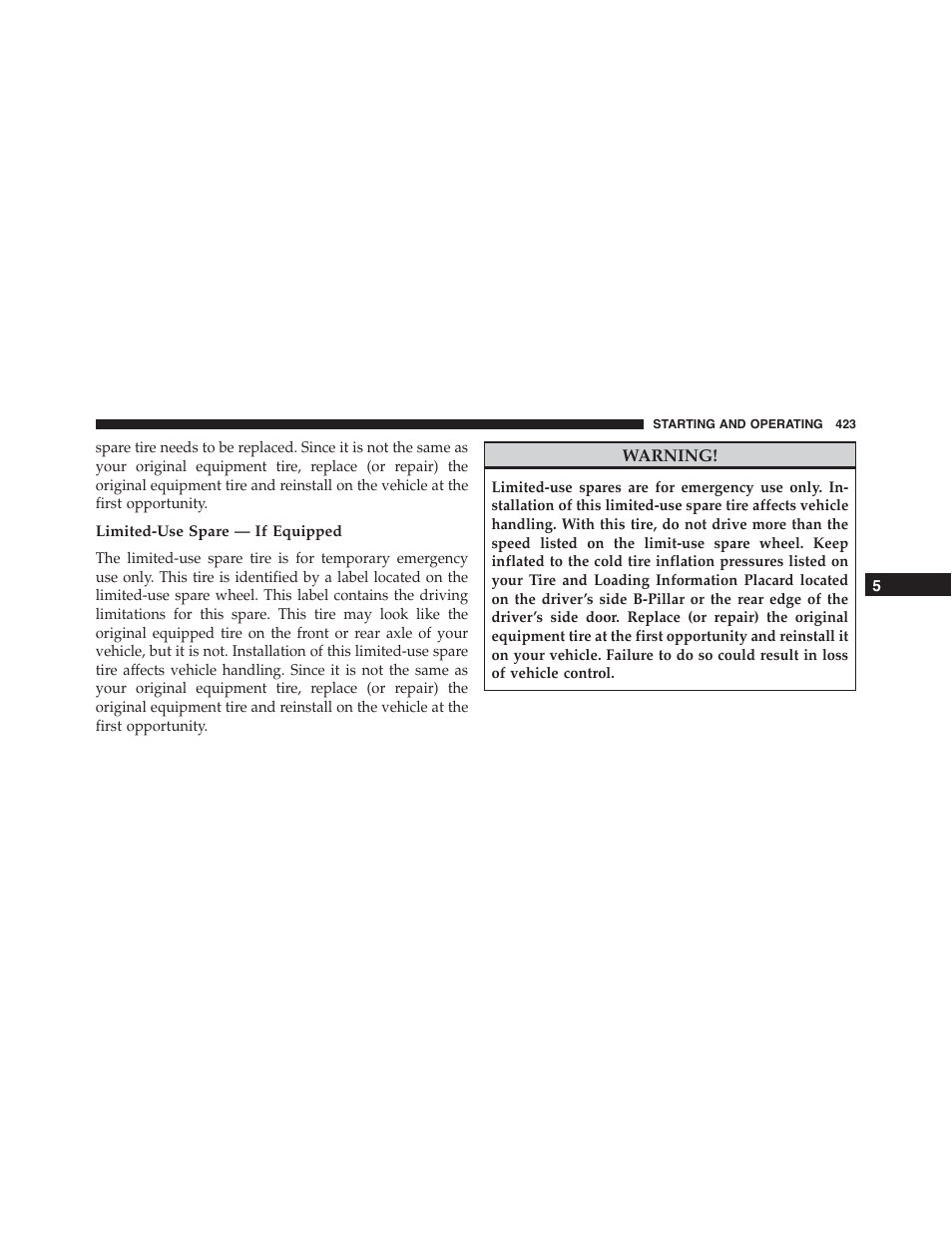 Limited-use spare — if equipped | Dodge 2015 Challenger - Owner Manual User Manual | Page 425 / 618