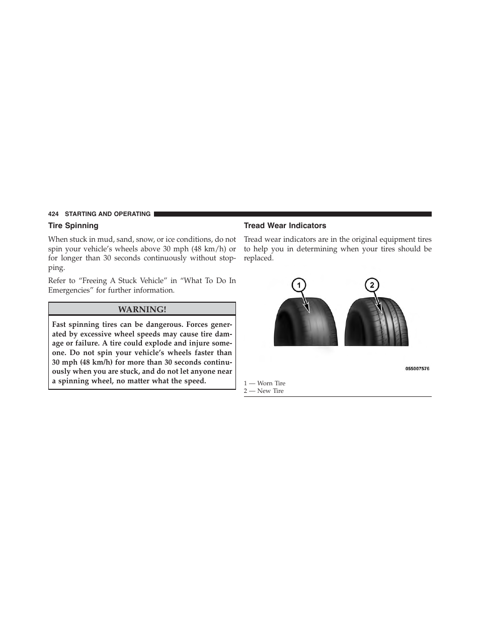 Tire spinning, Tread wear indicators | Dodge 2015 Challenger - Owner Manual User Manual | Page 426 / 618