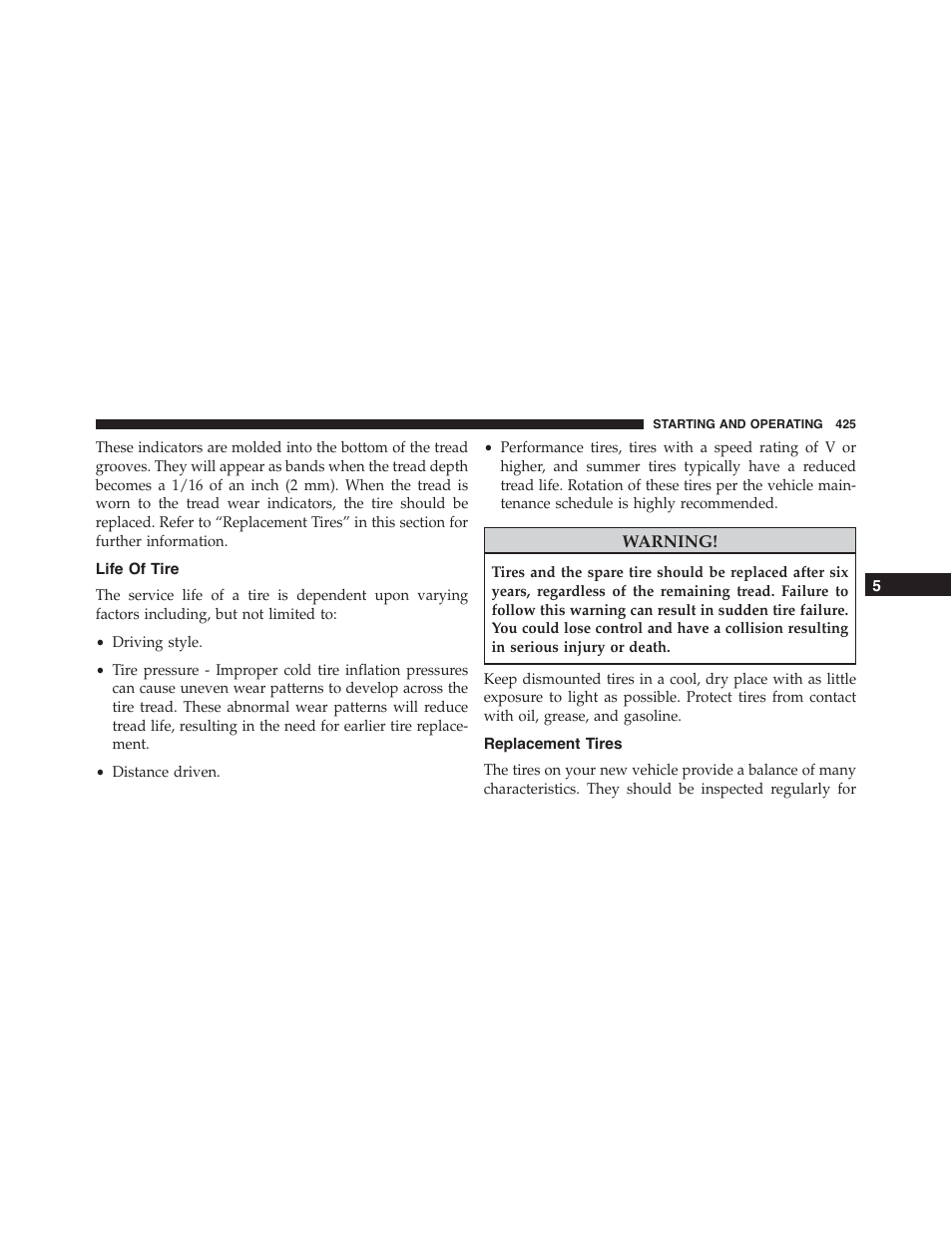 Life of tire, Replacement tires | Dodge 2015 Challenger - Owner Manual User Manual | Page 427 / 618