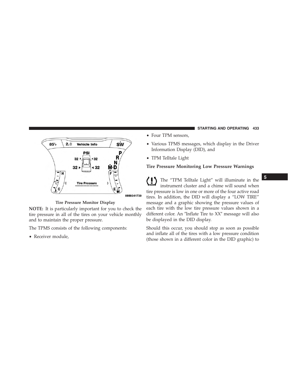 Tire pressure monitoring low pressure warnings | Dodge 2015 Challenger - Owner Manual User Manual | Page 435 / 618