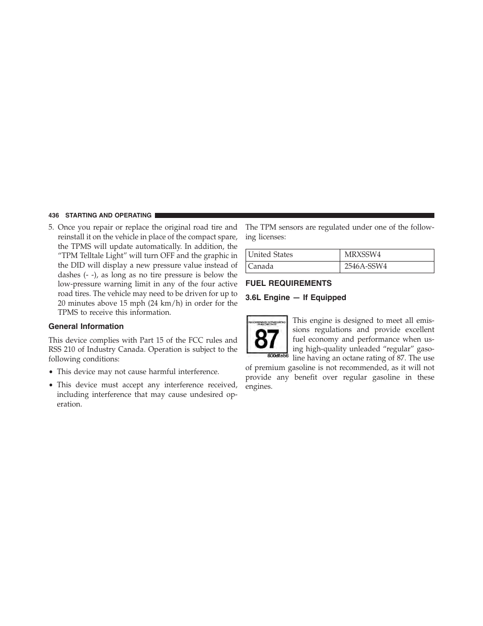 General information, Fuel requirements, 6l engine — if equipped | Dodge 2015 Challenger - Owner Manual User Manual | Page 438 / 618