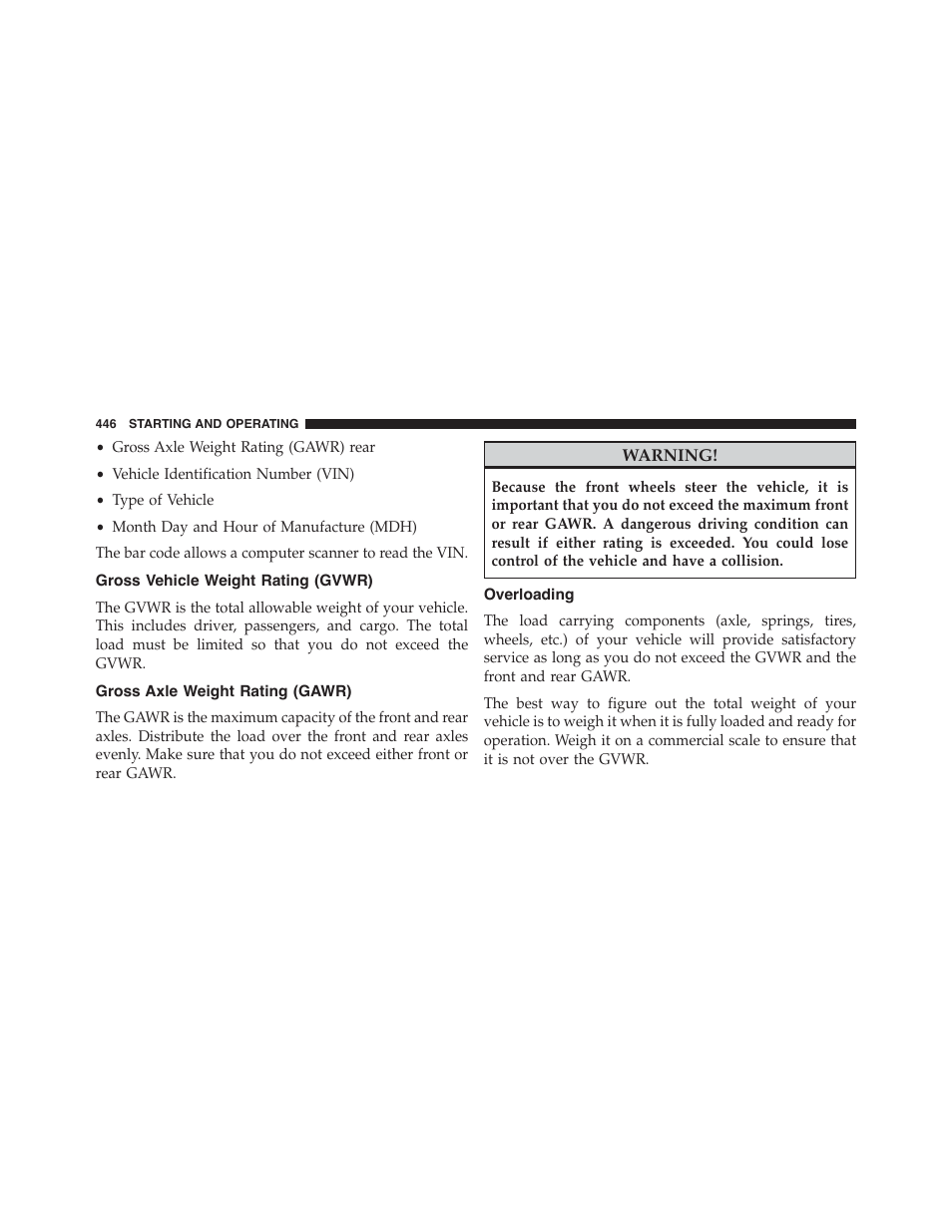 Gross vehicle weight rating (gvwr), Gross axle weight rating (gawr), Overloading | Dodge 2015 Challenger - Owner Manual User Manual | Page 448 / 618