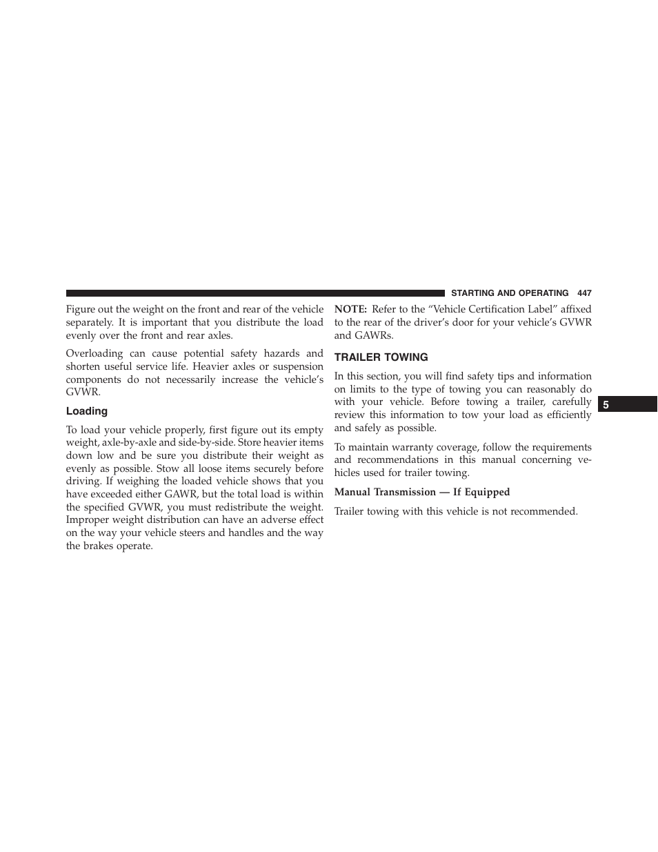 Loading, Trailer towing | Dodge 2015 Challenger - Owner Manual User Manual | Page 449 / 618