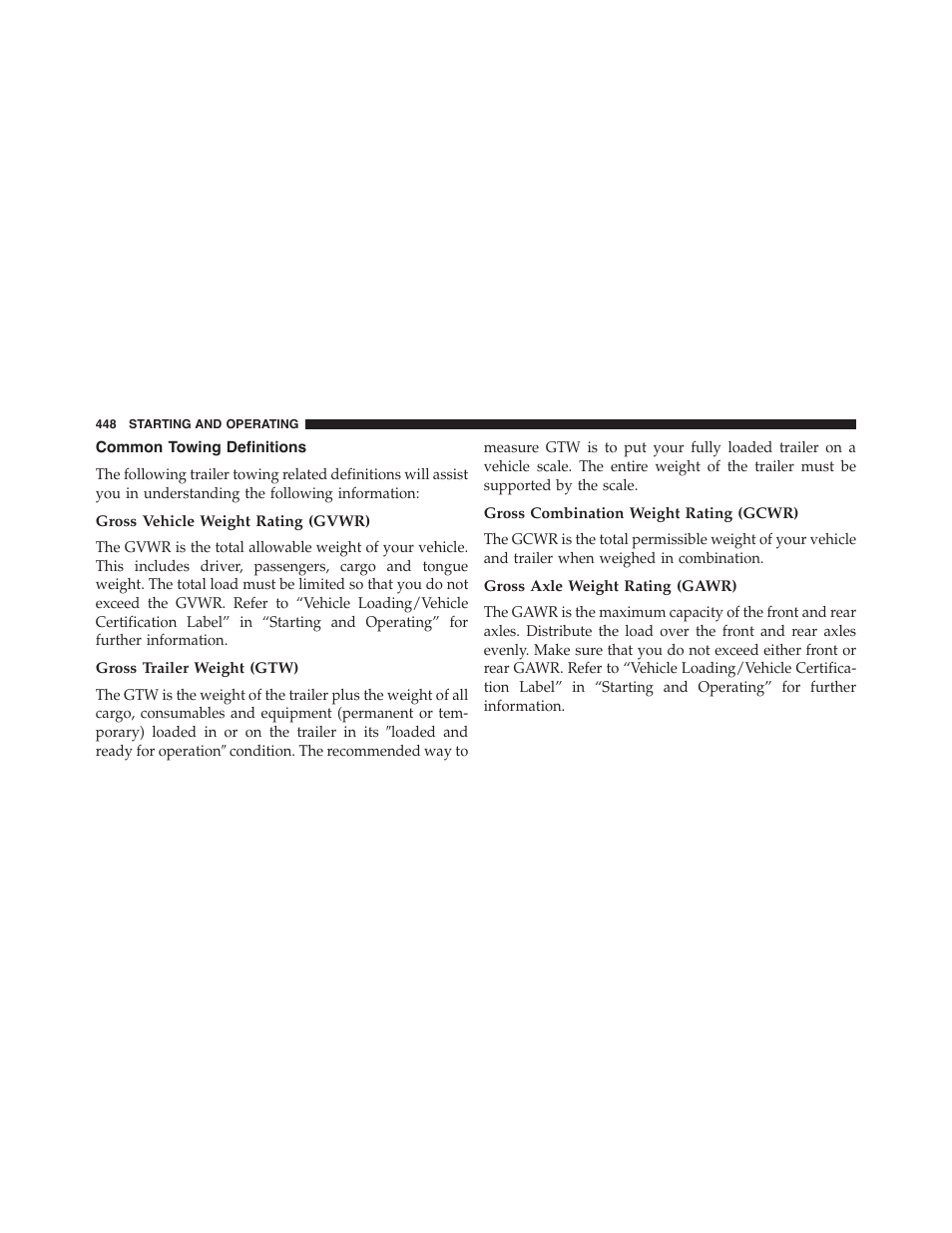 Common towing definitions, Gross vehicle weight rating (gvwr), Gross trailer weight (gtw) | Gross combination weight rating (gcwr), Gross axle weight rating (gawr) | Dodge 2015 Challenger - Owner Manual User Manual | Page 450 / 618