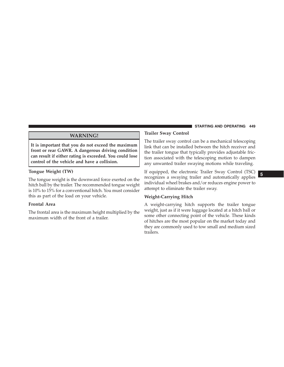 Tongue weight (tw), Frontal area, Trailer sway control | Weight-carrying hitch | Dodge 2015 Challenger - Owner Manual User Manual | Page 451 / 618