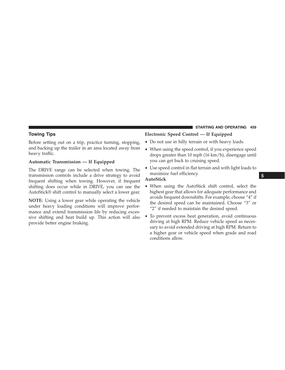 Towing tips, Automatic transmission — if equipped, Electronic speed control — if equipped | Autostick | Dodge 2015 Challenger - Owner Manual User Manual | Page 461 / 618