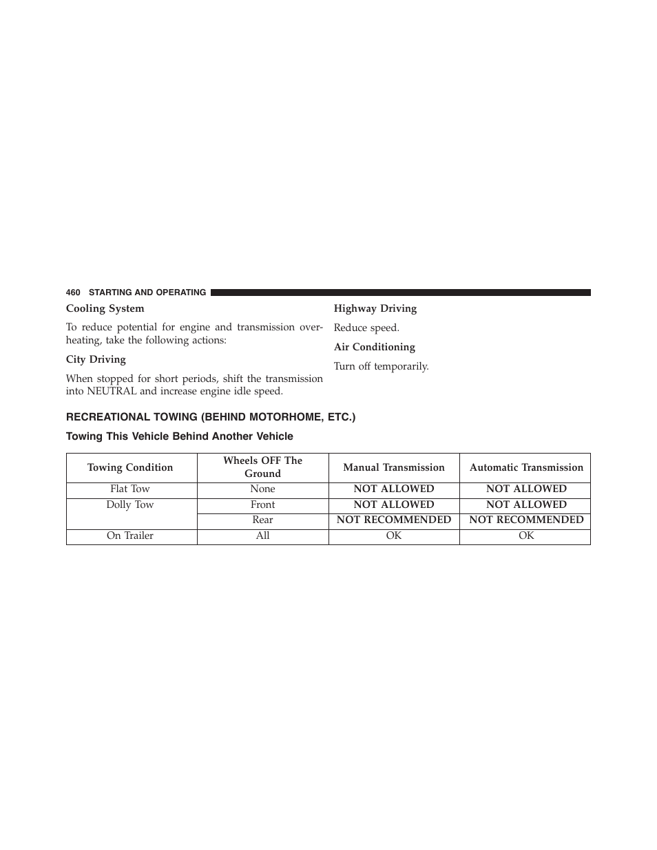 Cooling system, Recreational towing (behind motorhome, etc.), Towing this vehicle behind another vehicle | Recreational towing (behind, Motorhome, etc.) | Dodge 2015 Challenger - Owner Manual User Manual | Page 462 / 618