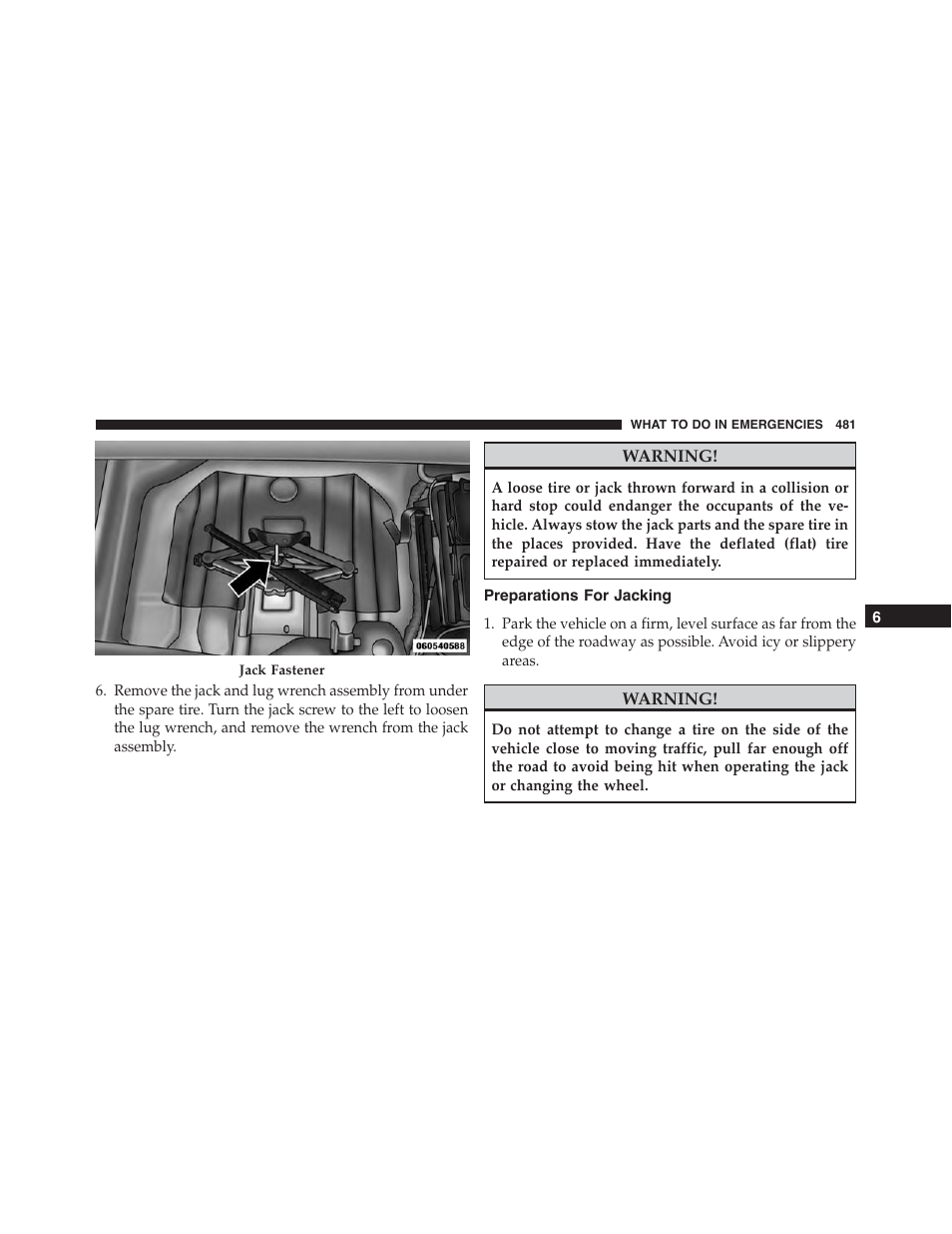 Preparations for jacking | Dodge 2015 Challenger - Owner Manual User Manual | Page 483 / 618