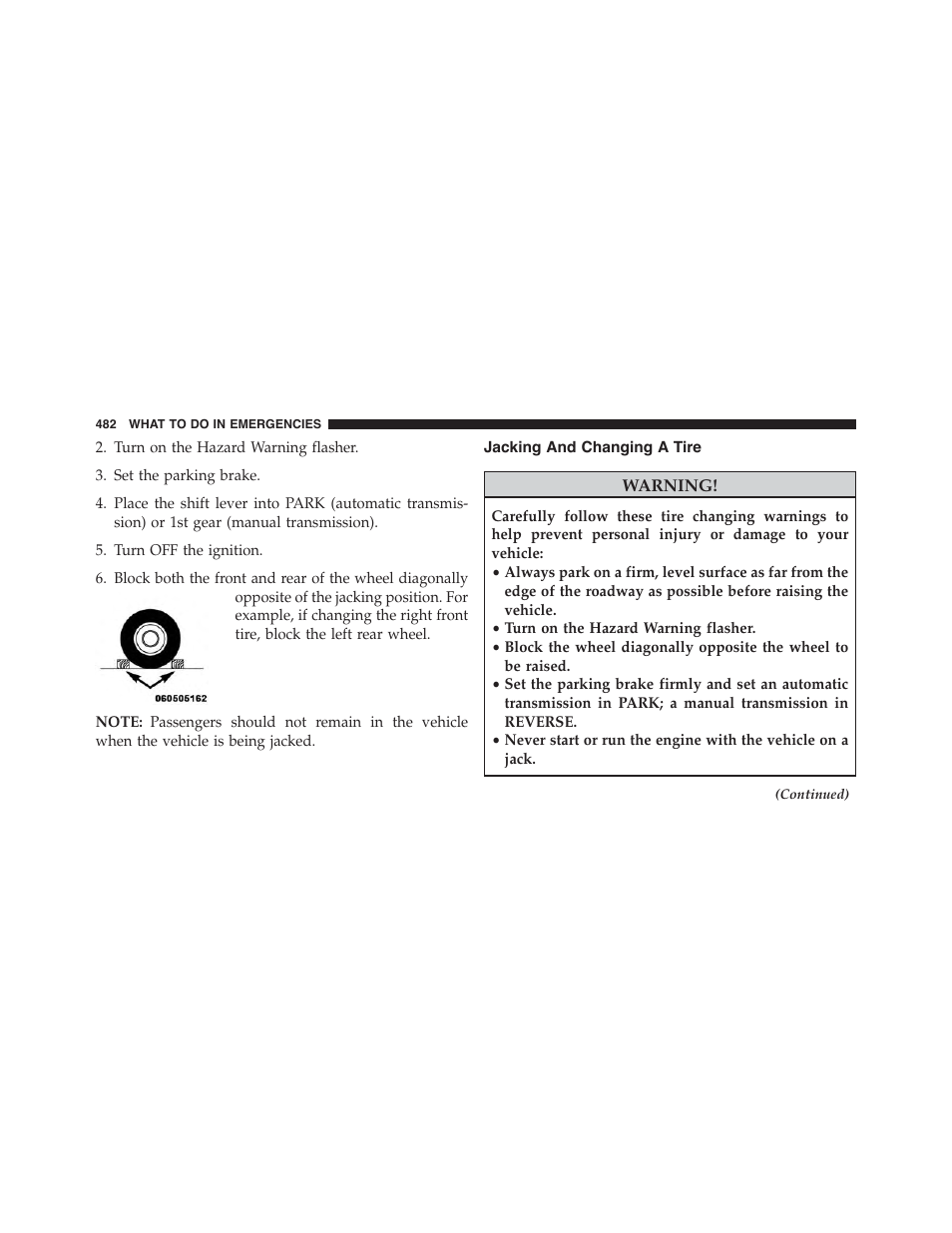 Jacking and changing a tire | Dodge 2015 Challenger - Owner Manual User Manual | Page 484 / 618