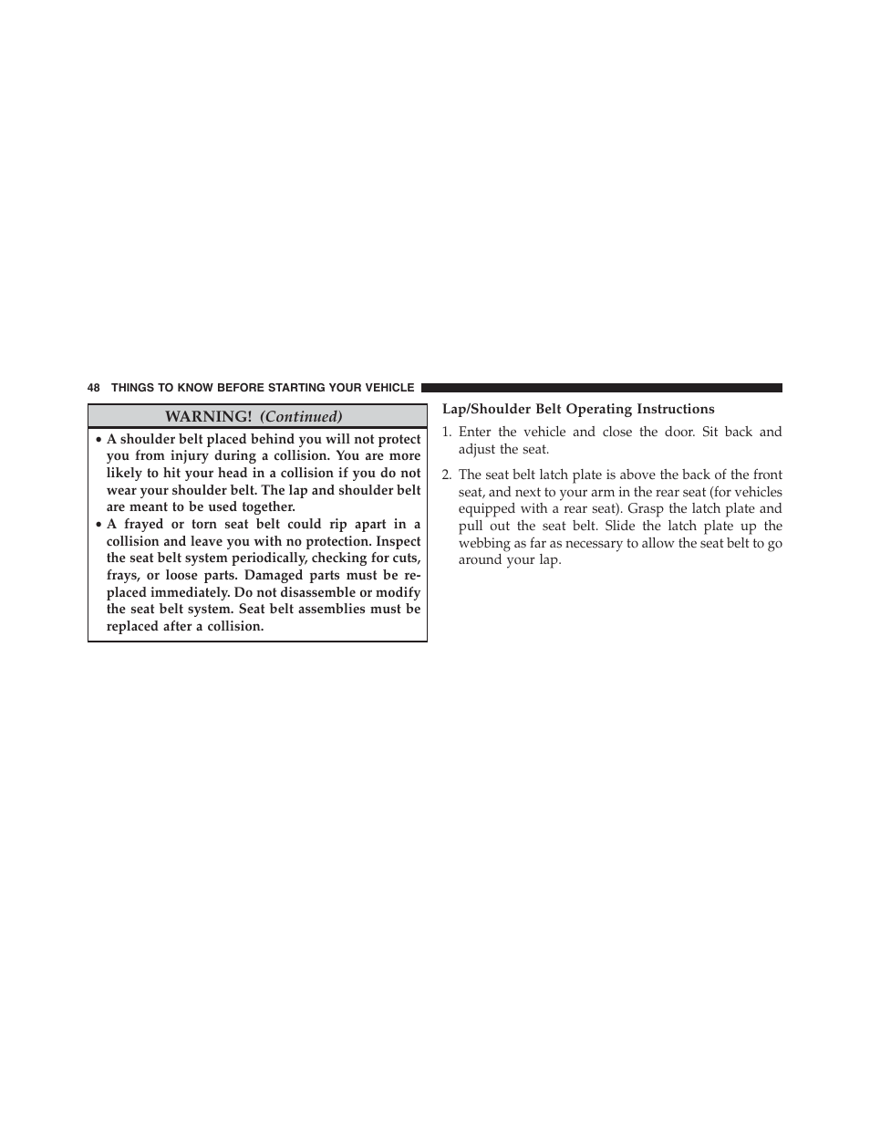 Lap/shoulder belt operating instructions | Dodge 2015 Challenger - Owner Manual User Manual | Page 50 / 618