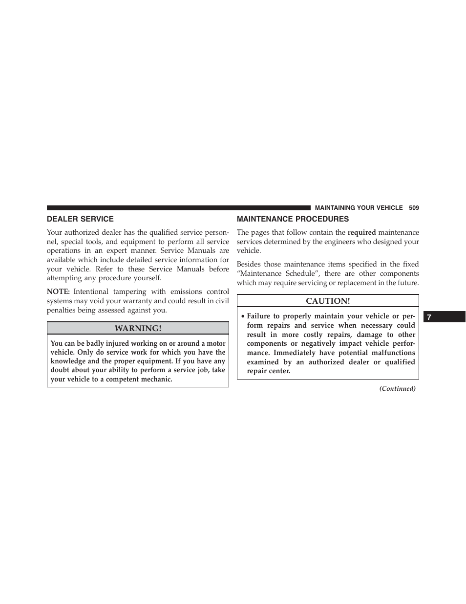 Dealer service, Maintenance procedures | Dodge 2015 Challenger - Owner Manual User Manual | Page 511 / 618