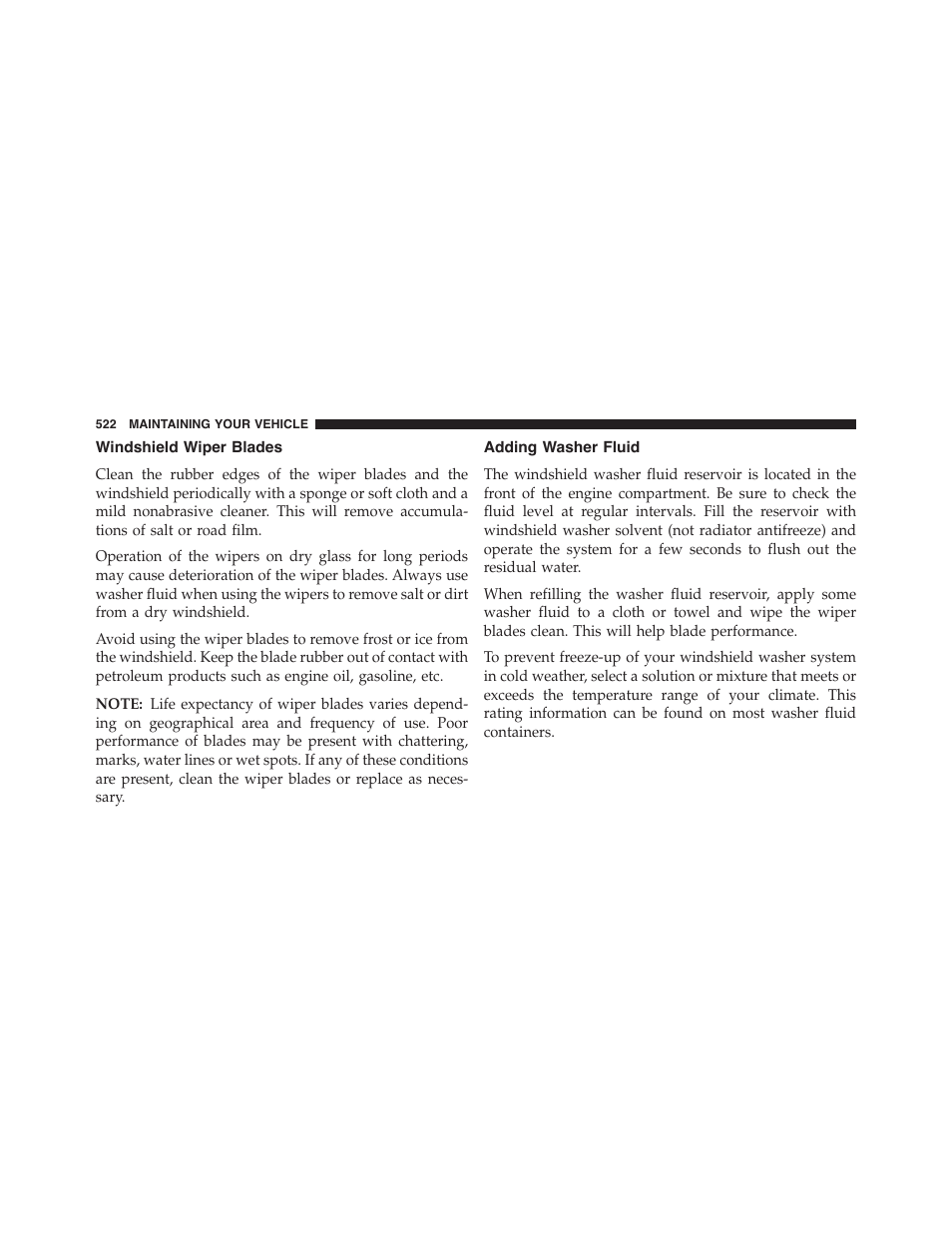 Windshield wiper blades, Adding washer fluid | Dodge 2015 Challenger - Owner Manual User Manual | Page 524 / 618