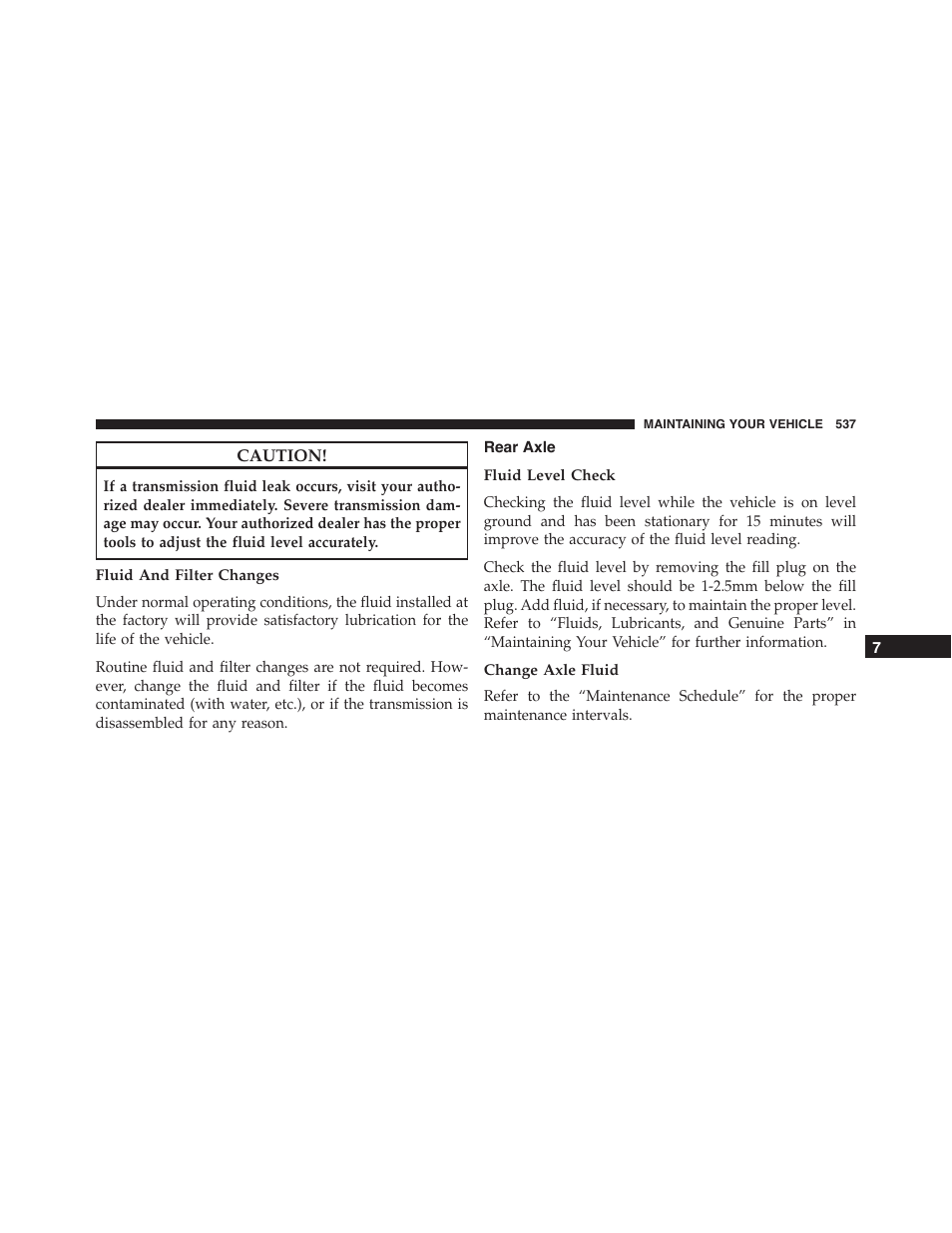 Fluid and filter changes, Rear axle, Fluid level check | Change axle fluid | Dodge 2015 Challenger - Owner Manual User Manual | Page 539 / 618