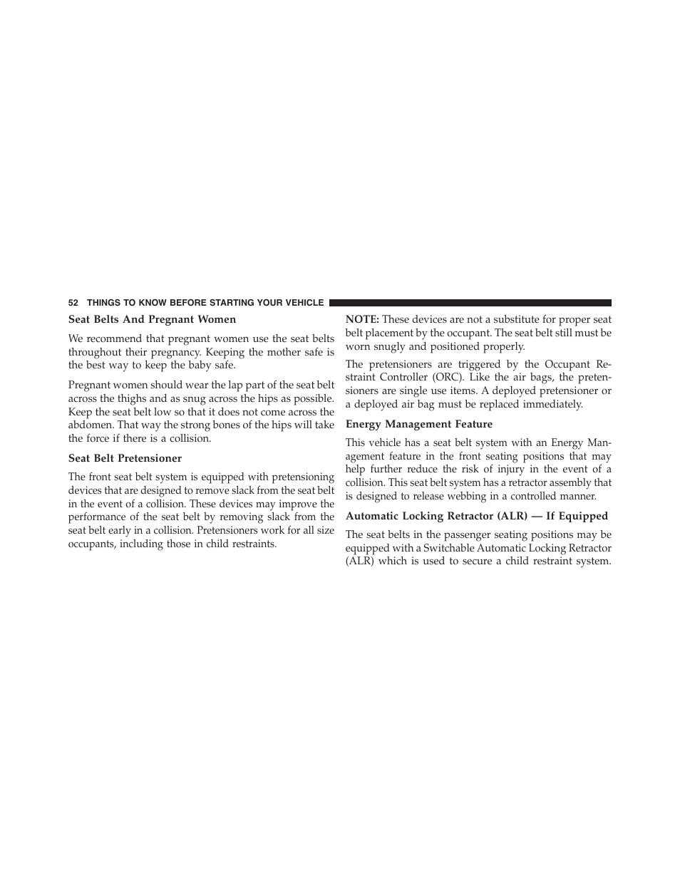 Seat belts and pregnant women, Seat belt pretensioner, Energy management feature | Automatic locking retractor (alr) — if equipped | Dodge 2015 Challenger - Owner Manual User Manual | Page 54 / 618